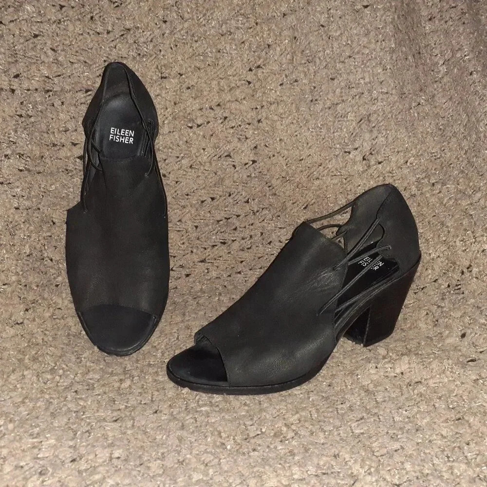 EILEEN FISHER -Nikki-Peep Toe-Block Heel-Black Nubuck Leather-Sz 9-Excellent
